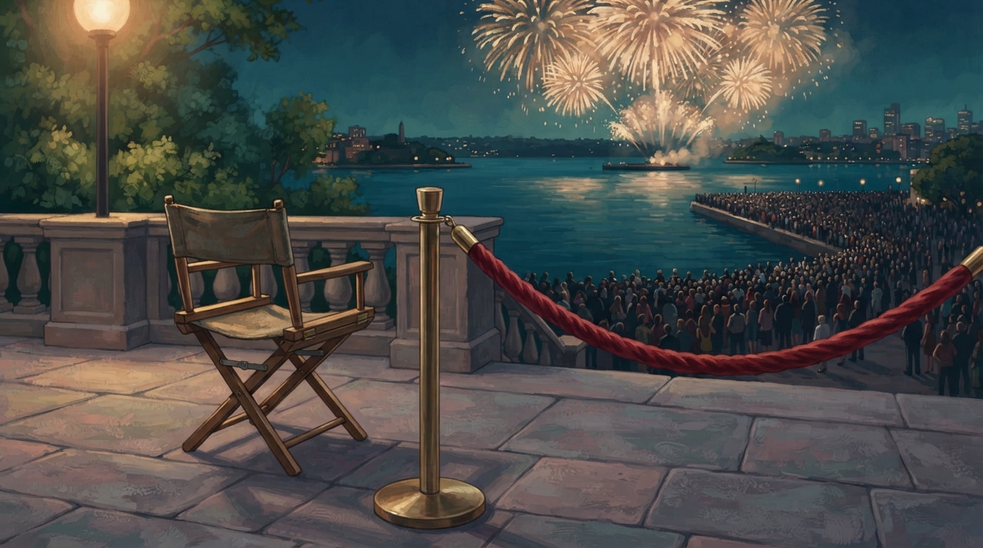Editorial illustration of A single velvet rope stanchion strung across an empty stone viewing platform, one folding chair reserved just behind it,, representing best new years eve destinations 2027