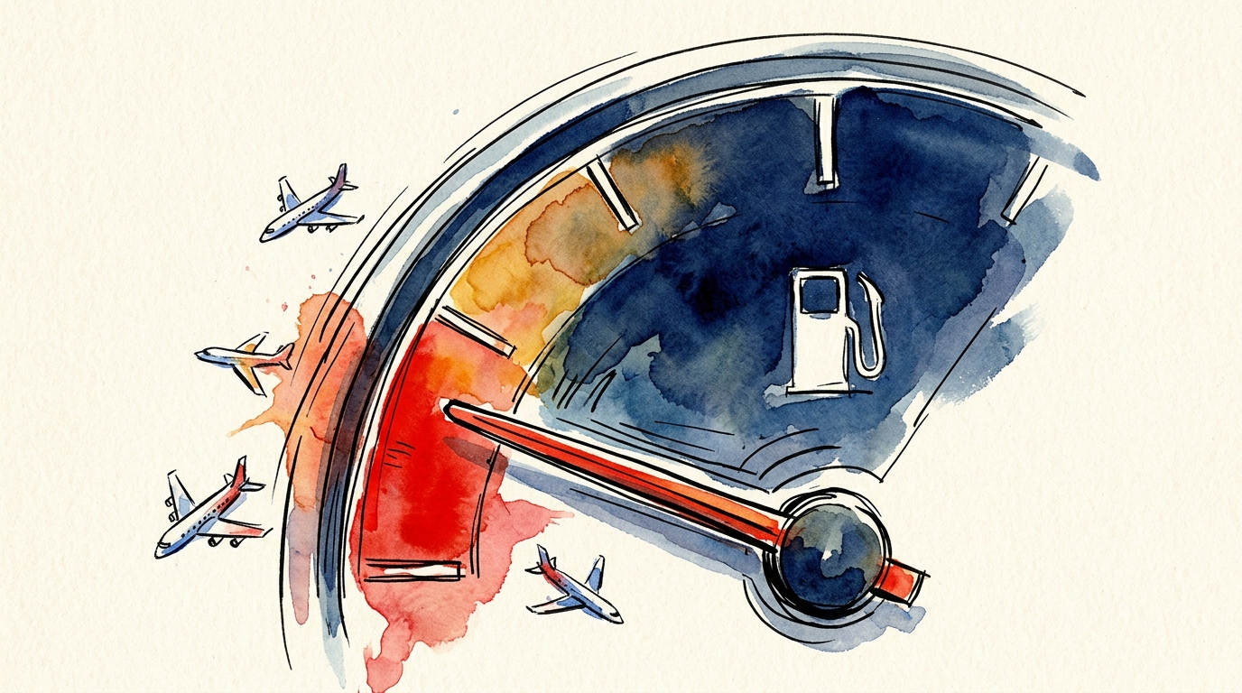 Watercolor illustration of a fuel gauge in the red zone with airplanes, showing oil price impact on 2026 travel costs