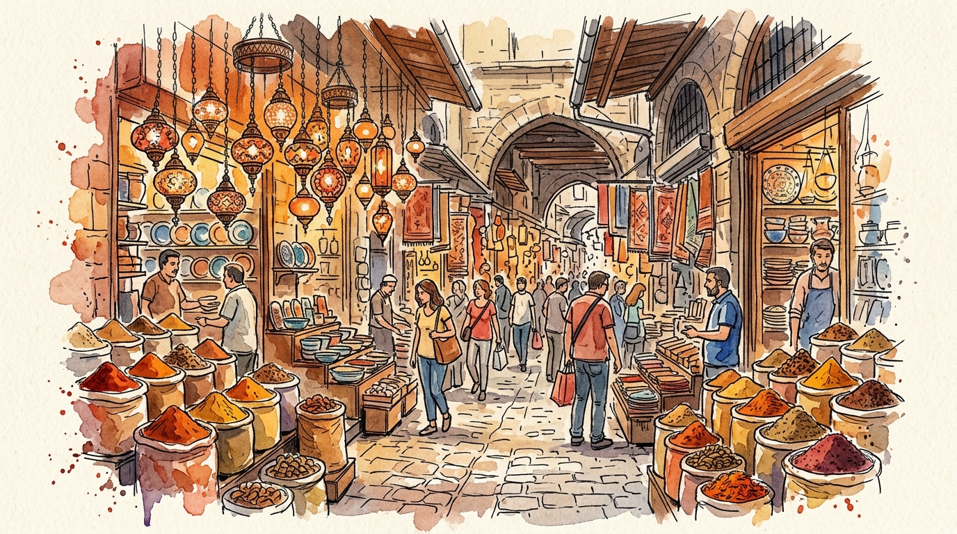 Watercolor illustration of a colorful Turkish bazaar with spices and lanterns, representing budget travel in Turkey 2026