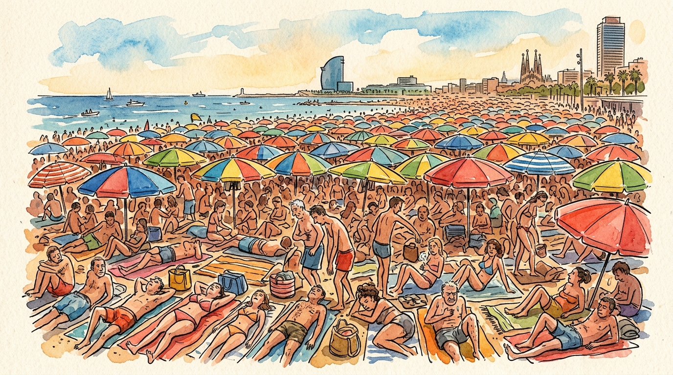 Watercolor illustration of a crowded Barcelona beach with packed parasols, showing overtourism and rising costs in Spain 2026