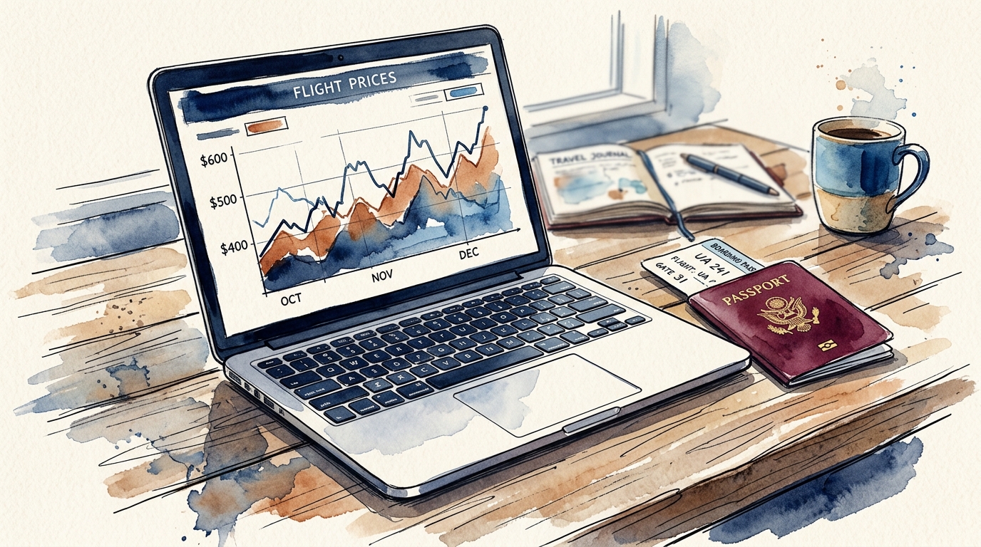 Watercolor illustration of a laptop with flight price charts, passport and boarding pass, representing summer 2026 airfare planning
