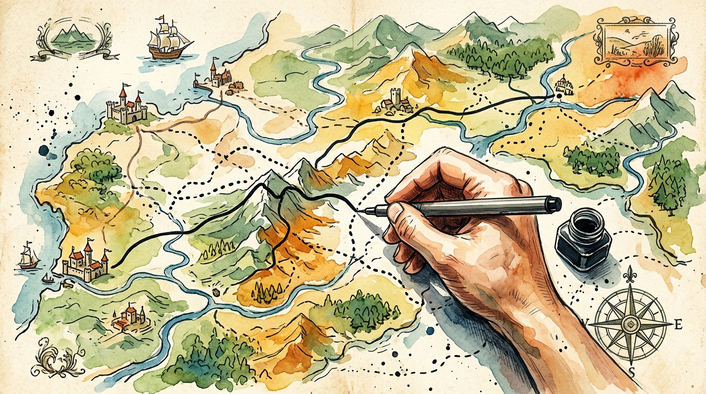 Watercolor illustration of a travel map being redrawn with new routes, representing redirected summer 2026 plans