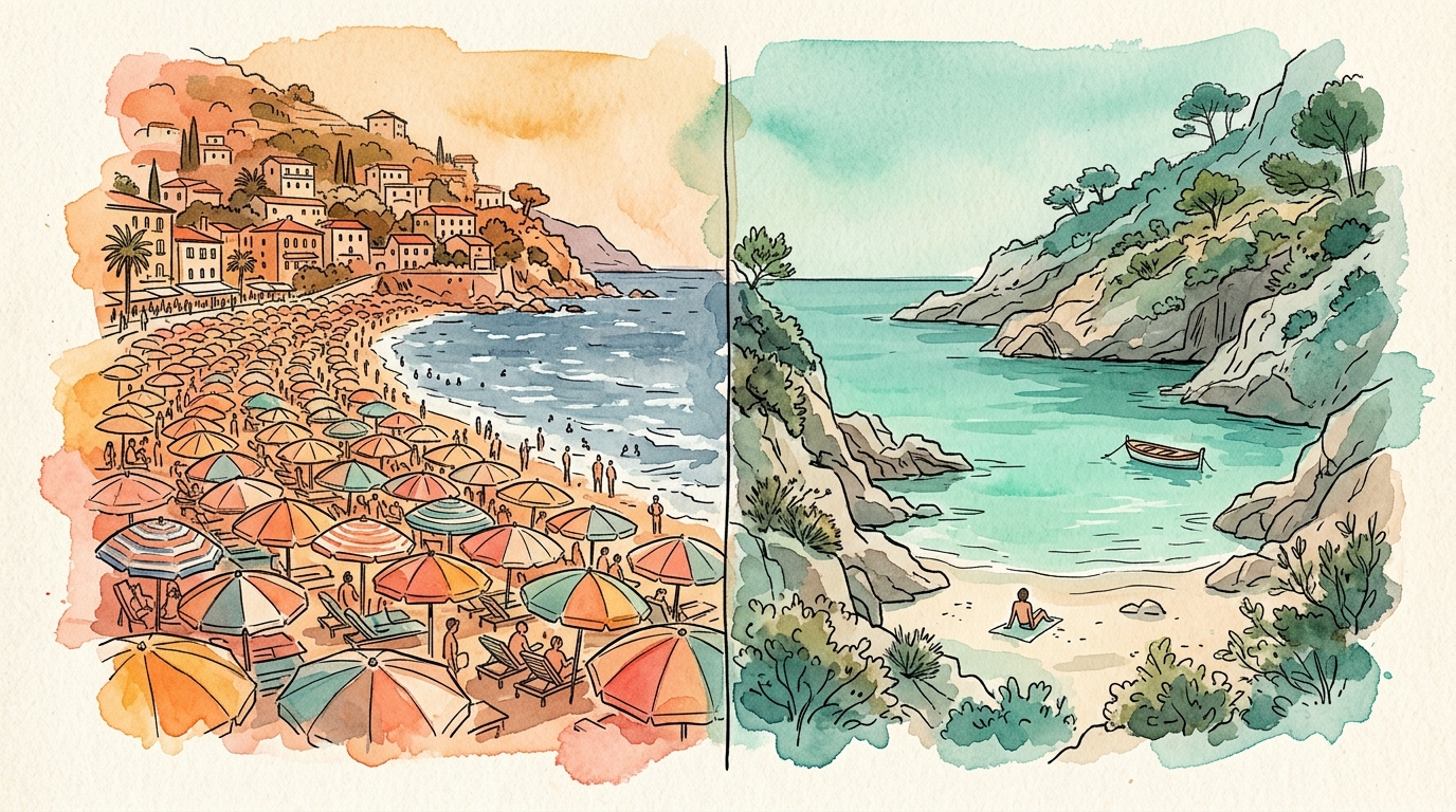 Watercolor illustration contrasting a crowded expensive European beach with a serene empty Mediterranean cove, representing cheap versus pricier travel destinations in 2026