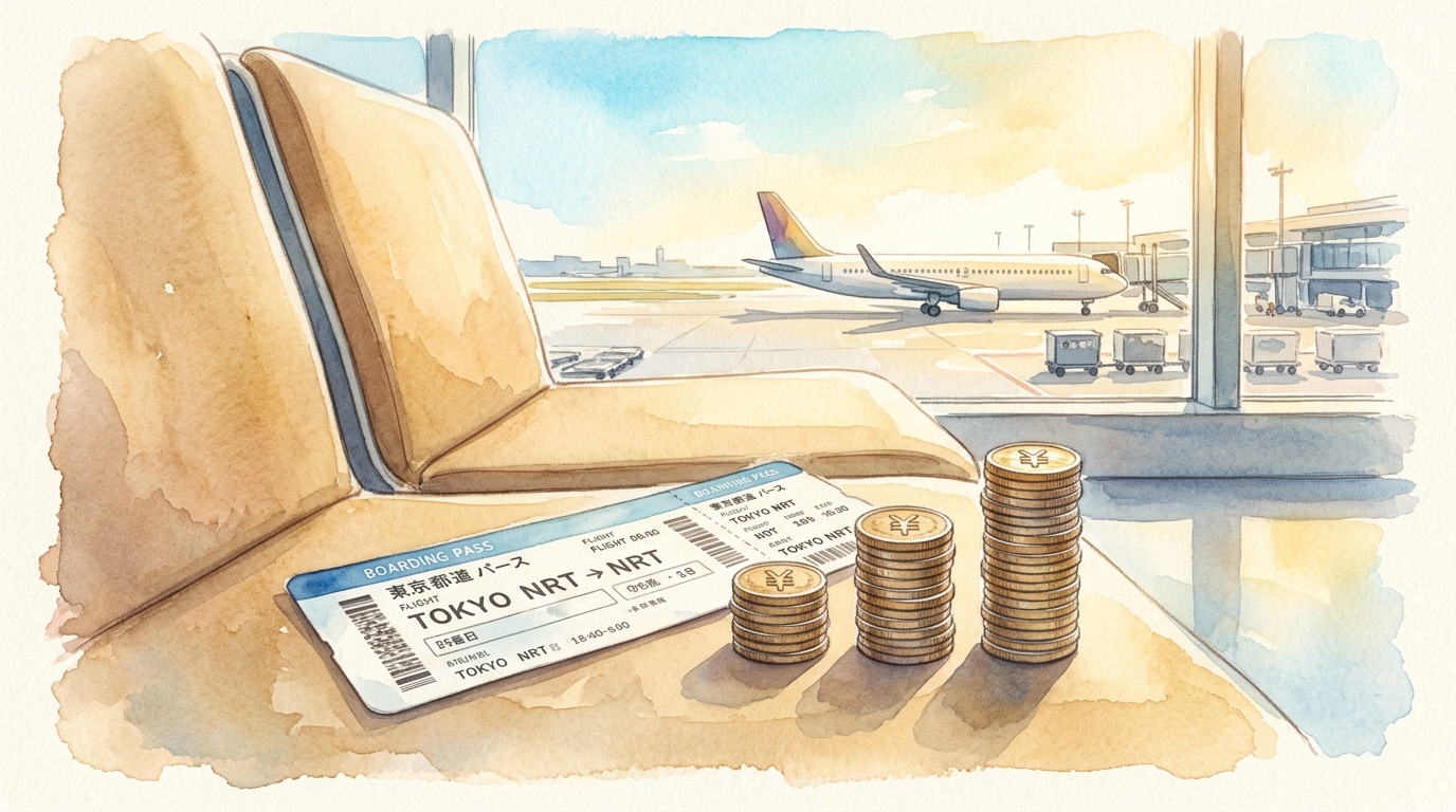 Watercolor illustration of a boarding pass resting on an airport departure lounge seat, with three neat stacks of Japanese yen coins beside it, eac