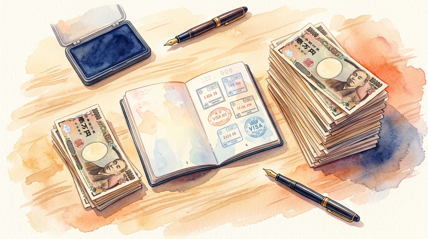 Watercolor illustration of editorial watercolor overhead flat-lay showing an open passport with Japanese visa stamps, flanked by two contrasting pi