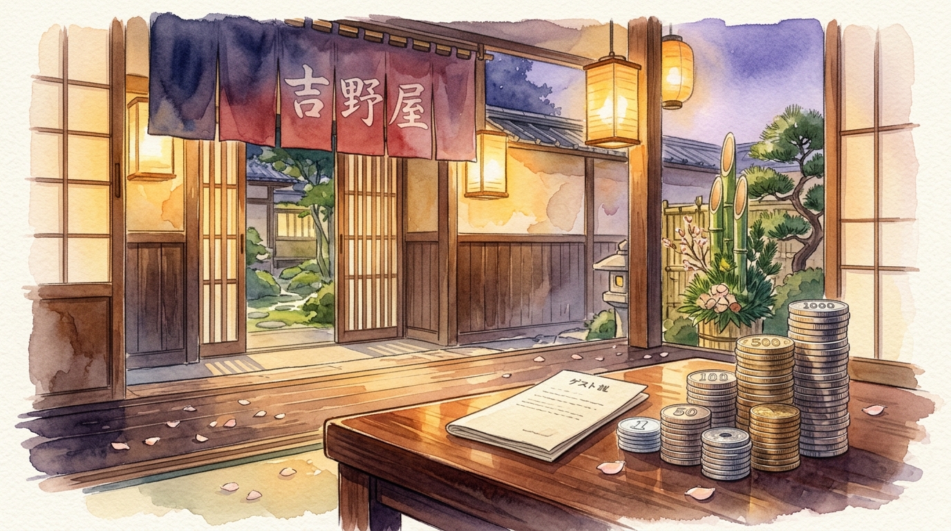 Watercolor illustration of a traditional Kyoto ryokan entrance at dusk, with warm lantern light spilling through sliding shoji screens