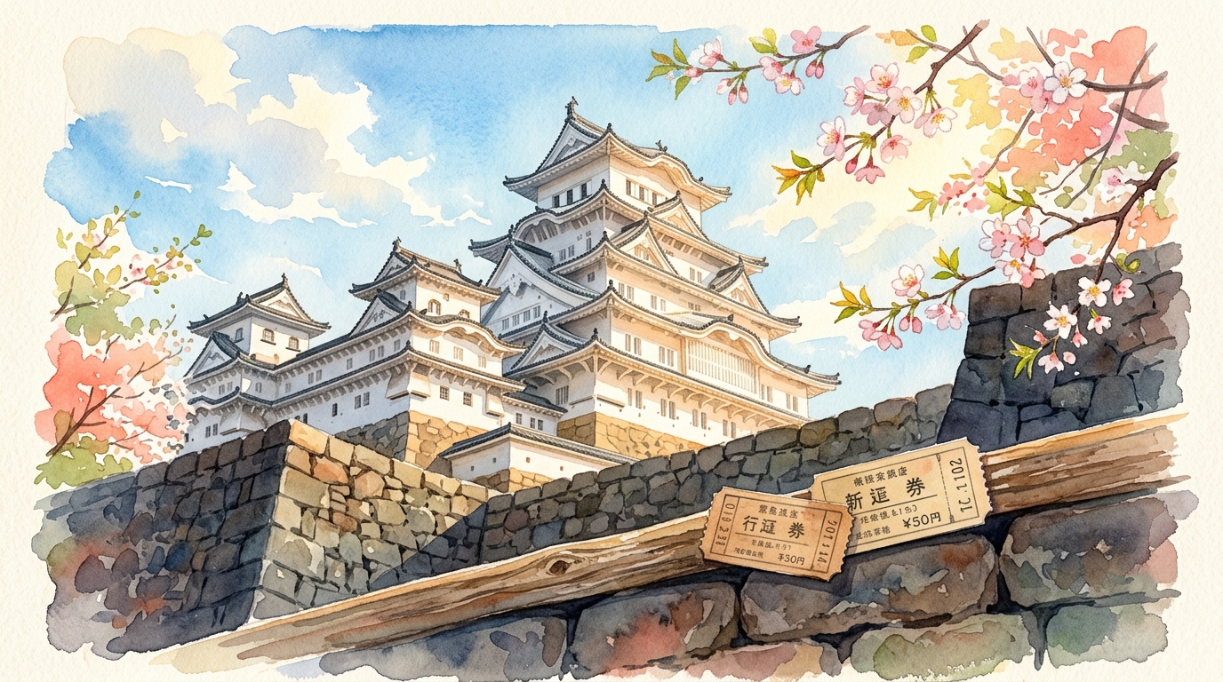Watercolor illustration of Himeji Castle's iconic white facade gleaming in bright afternoon light, viewed from below across the stone rampart walls