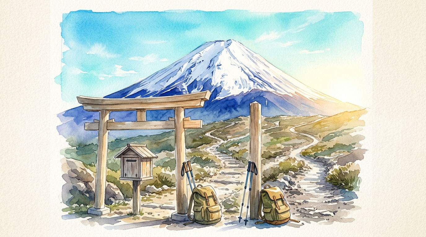 Watercolor illustration of Mount Fuji's snow-capped peak rising above a fifth station trailhead gate in bright morning light