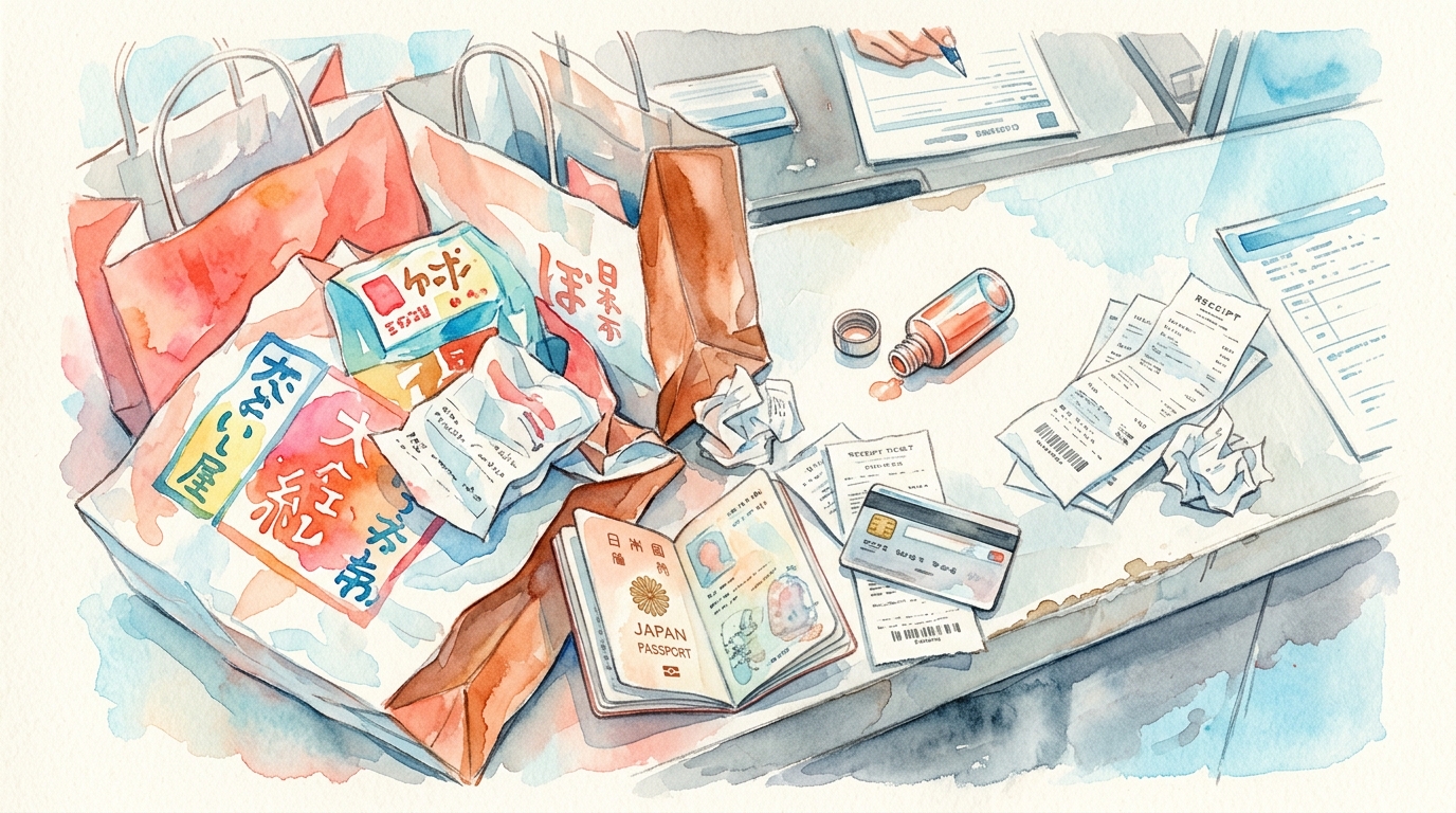 Watercolor illustration of editorial watercolor overhead flat-lay showing a cluttered airport customs counter scene: several shopping bags from Jap