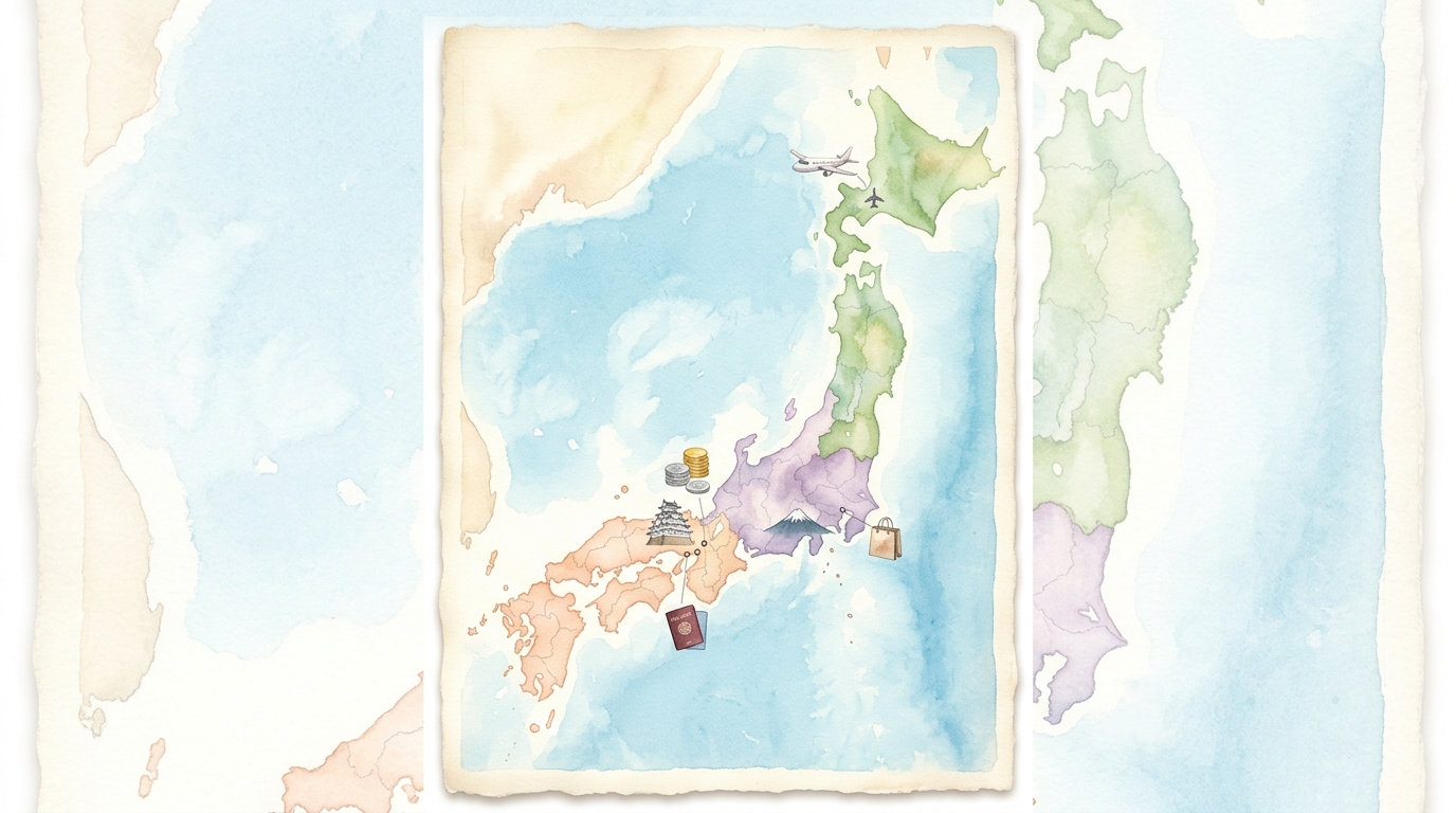 Watercolor illustration of watercolor illustrated map of Japan on aged cream paper, oriented vertically with the archipelago filling the frame