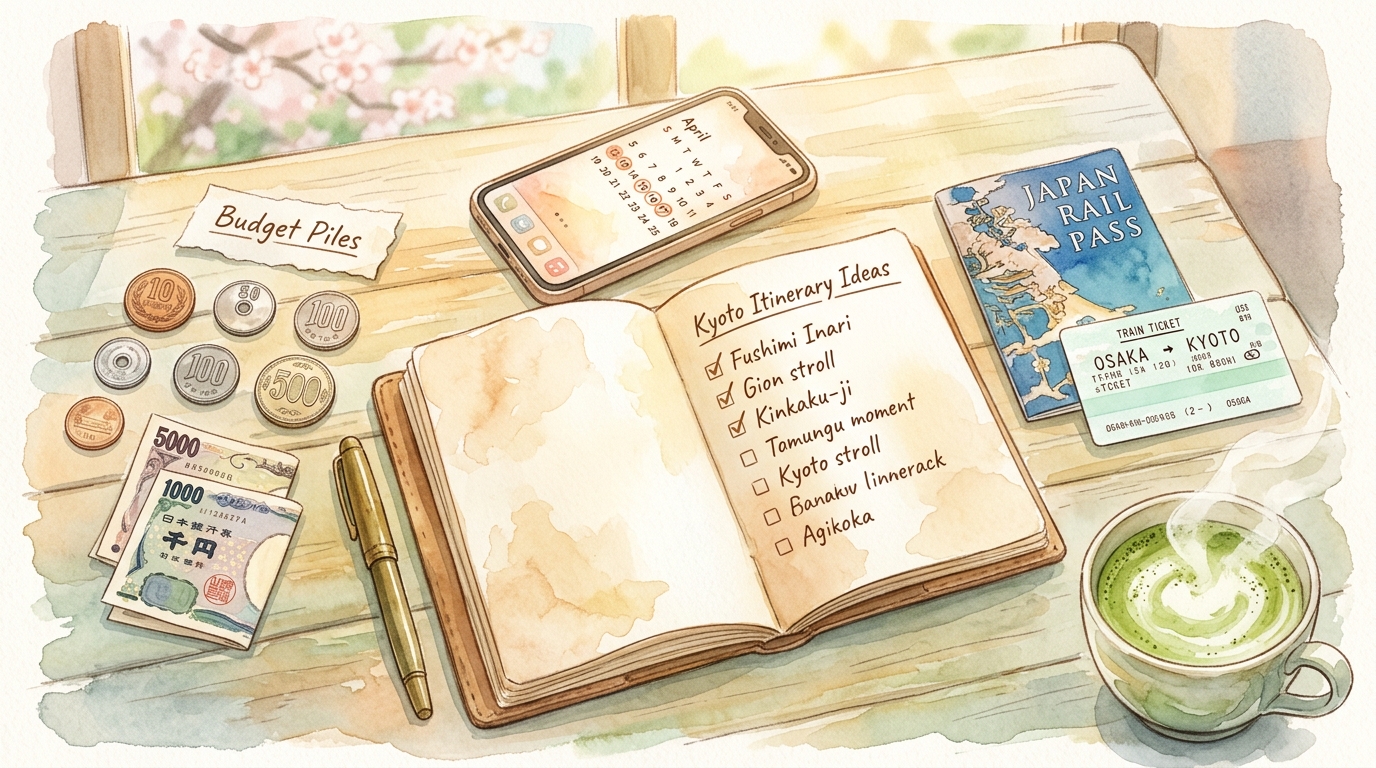 Watercolor illustration of a traveler's planning desk scene: an open notebook with a handwritten checklist, a Japan Rail Pass sitting beside it, a 