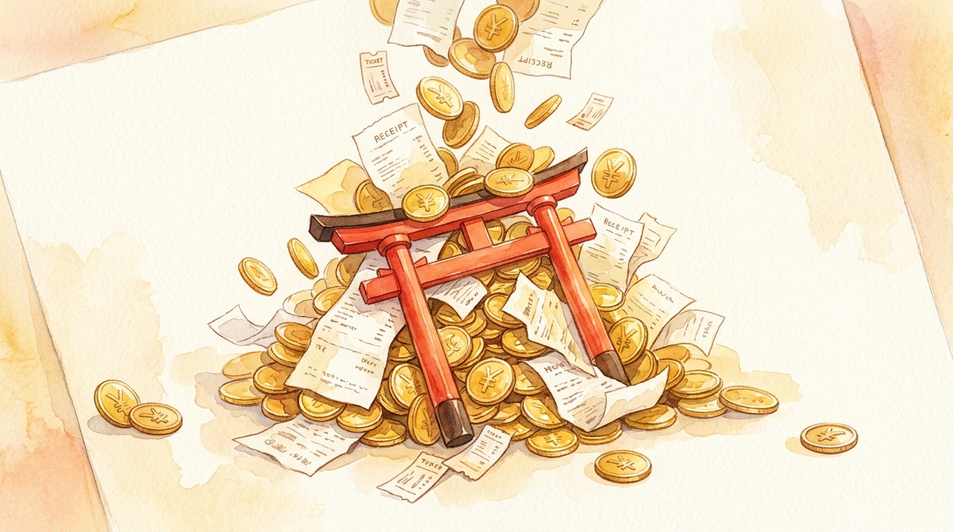 Watercolor illustration of a symbolic still life: a delicate Japanese vermillion torii gate miniature sitting on a table, almost buried beneath a c, representing japan tourist tax fees 2026