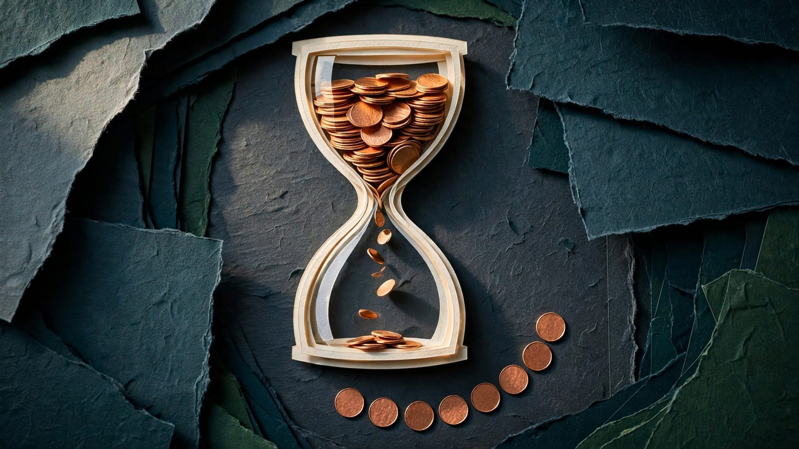 An hourglass full of copper coins draining into an empty lower chamber, eight coins arced out of reach