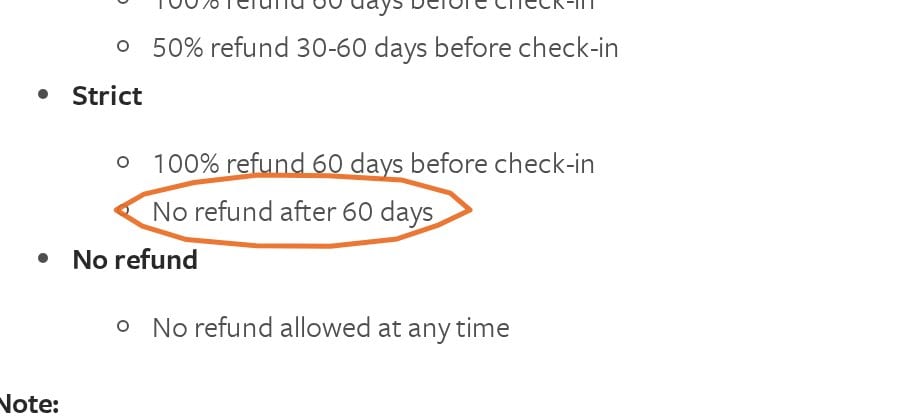 Vrbo's cancellation policy options page showing the Strict tier giving no refund after 60 days