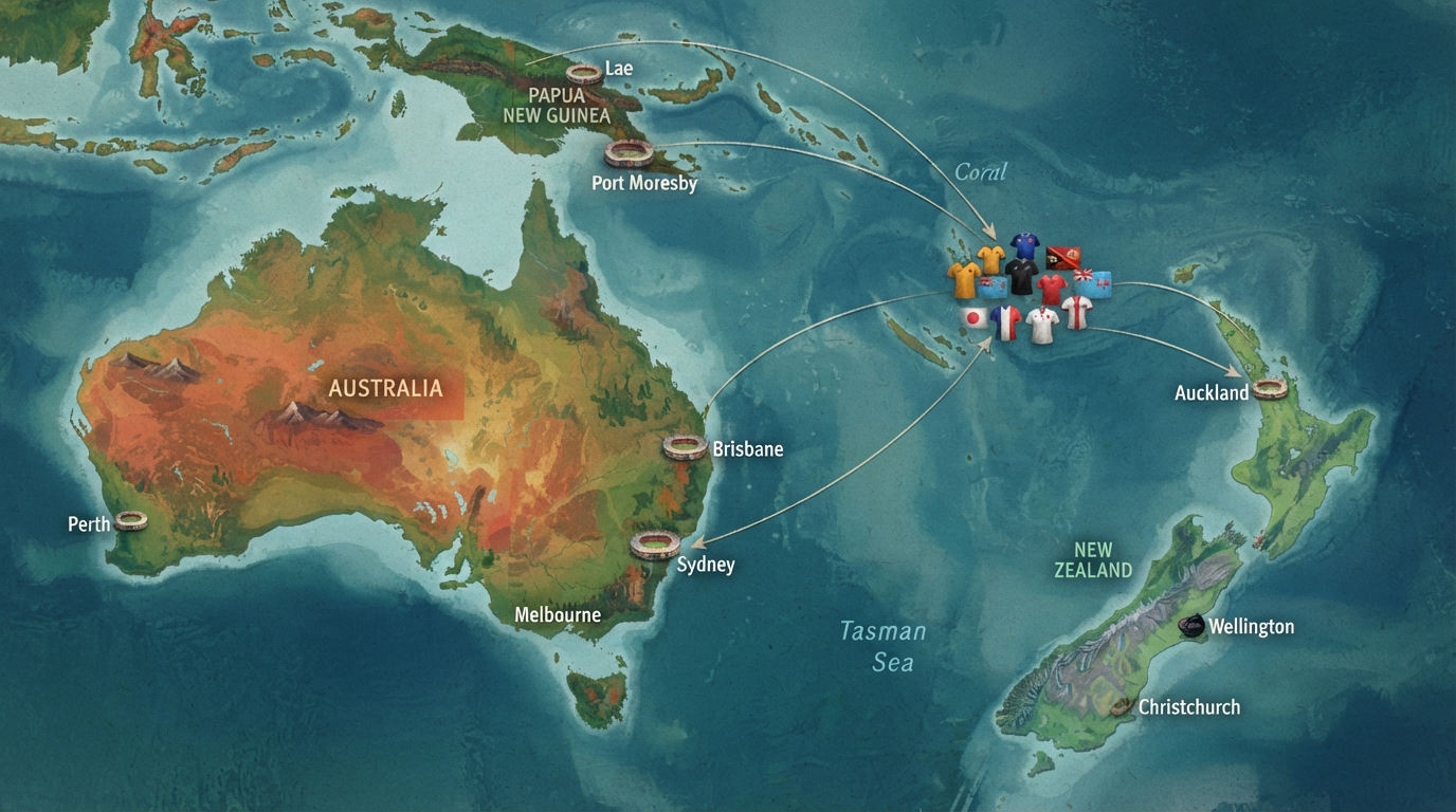 Editorial illustration of An illustrated map of Australia, New Zealand, and Papua New Guinea joined by thin curving flight-path lines arcing betwe
