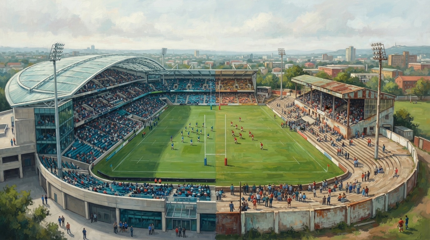 Editorial illustration of A dramatic side-by-side of two rugby stadiums sharing one grass field at the center seam: on the left a gleaming brand-n