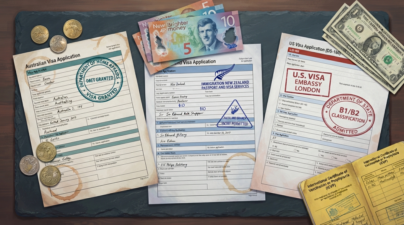 Editorial illustration of Overhead flat-lay of three visa application forms fanned across a dark slate desk, each bearing a different official sta