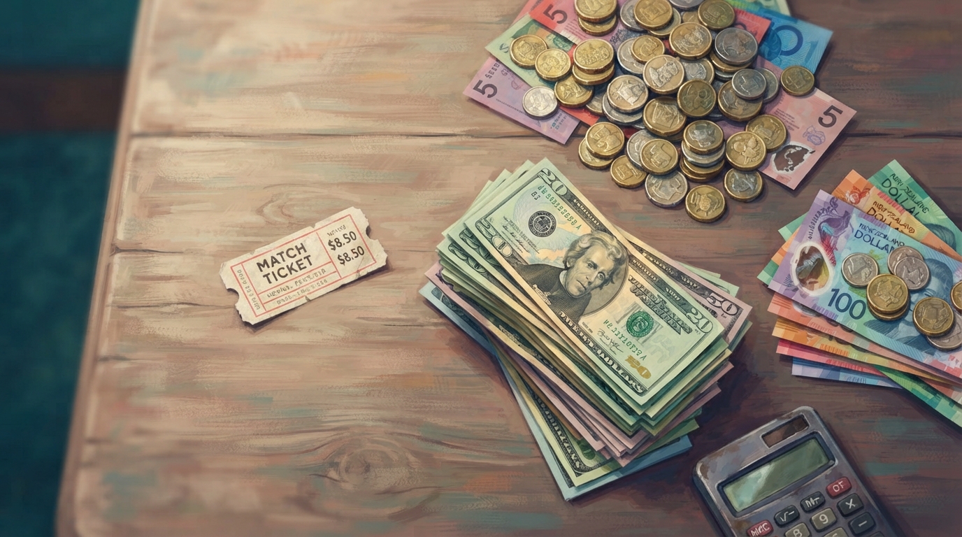 Editorial illustration of Overhead flat-lay of a single low-priced match ticket stub resting beside three separate piles of currency of different 