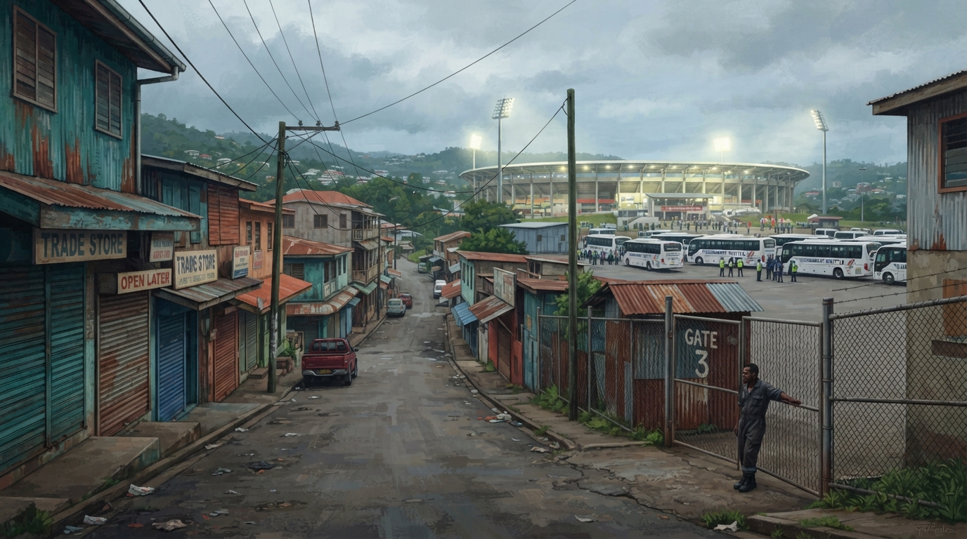 Editorial illustration of A quiet Port Moresby side street lined with shuttered market stalls, corrugated iron rooftops, and a single gated compou