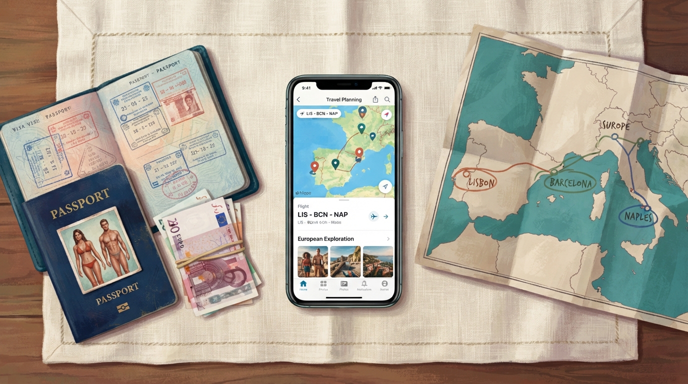Editorial illustration of Overhead flat-lay of a smartphone glowing softly with a travel-planning interface, resting beside a passport open to a v