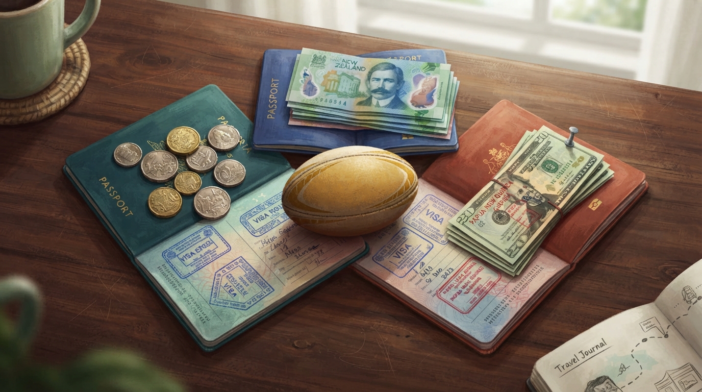 Ilustração editorial de três passaportes abertos sobre uma mesa de madeira escura, cada um com um visto oficial diferente, representando o guia de viagem da Copa do Mundo de Rugby League 2026