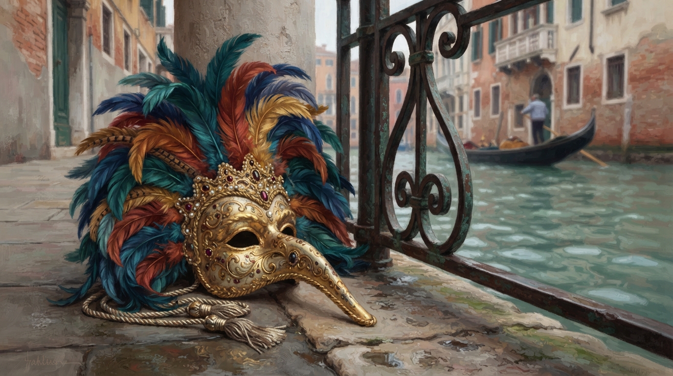 Editorial illustration of A single gilded Venetian carnival mask with an ornate beak and feathered crown, resting on weathered stone beside a wrou