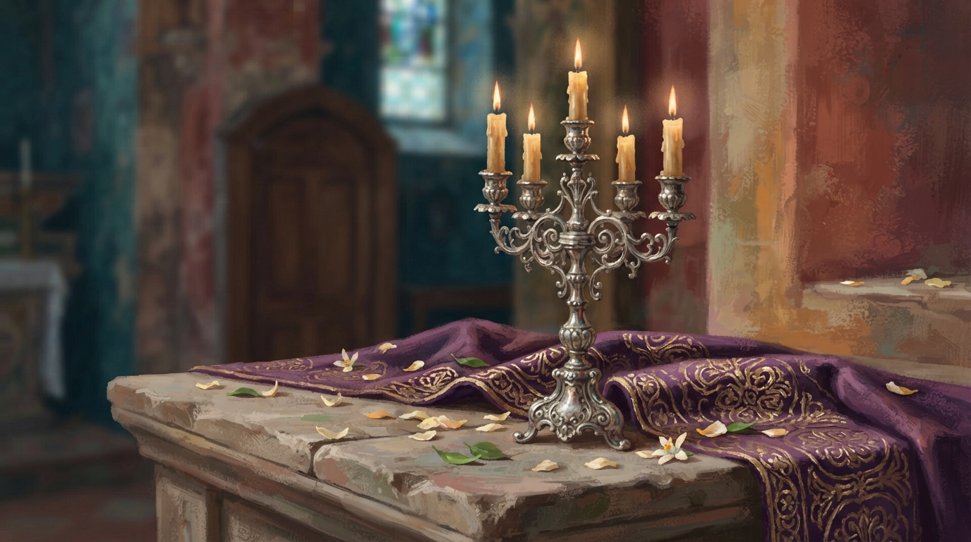 Editorial illustration of An ornate silver processional candelabra with tall lit candles, deep purple and gold embroidered fabric draped beside it