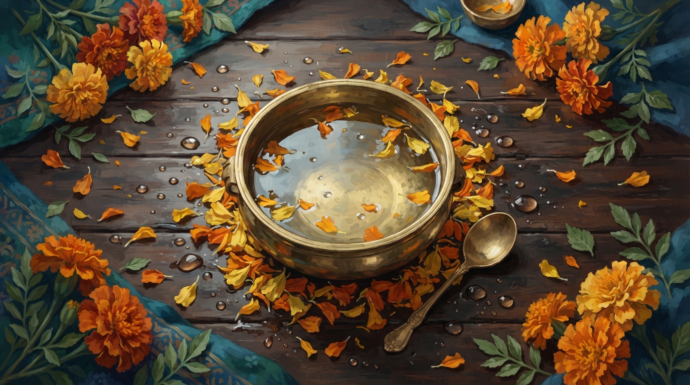 Editorial illustration of Overhead flat-lay of a traditional brass water bowl surrounded by scattered marigold petals and droplets of water on dar