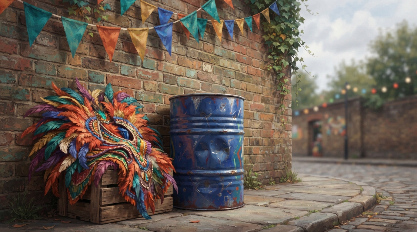 Editorial illustration of A weathered steel drum beside a folded feathered carnival costume piece in vivid colors, loose bunting strung above agai