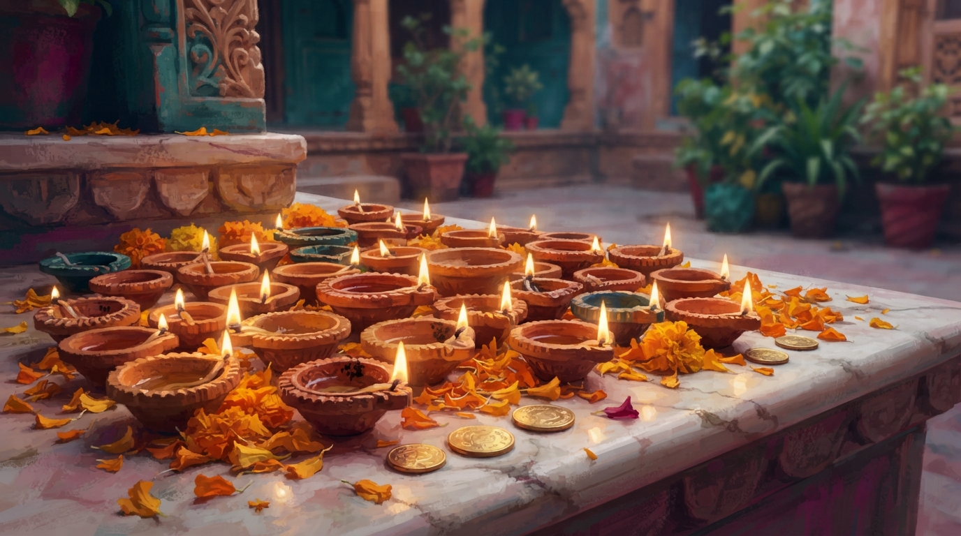 Editorial illustration of A dense cluster of small clay oil lamps glowing warmly, arranged on a marble step scattered with marigold petals and a f
