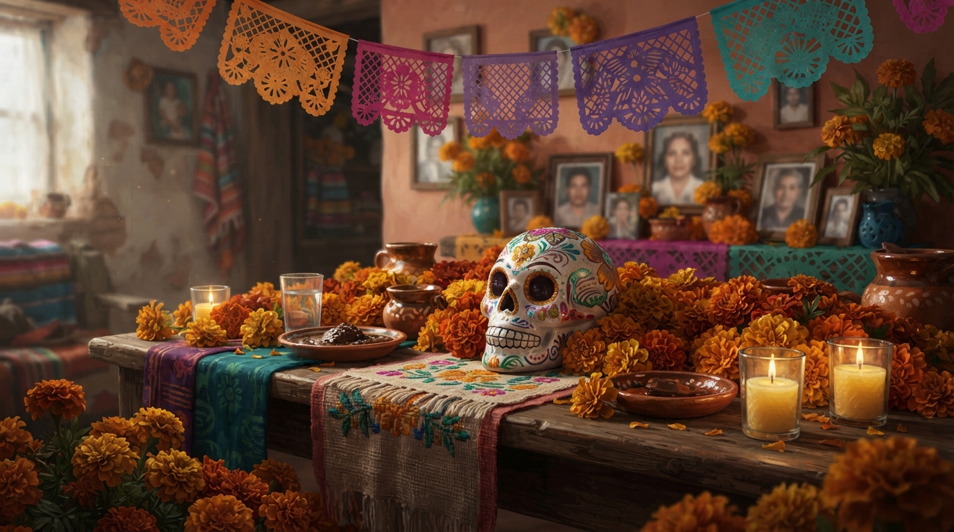 Editorial illustration of A dense arrangement of marigold flowers in deep orange around a hand-painted sugar skull on a wooden ofrenda table, smal