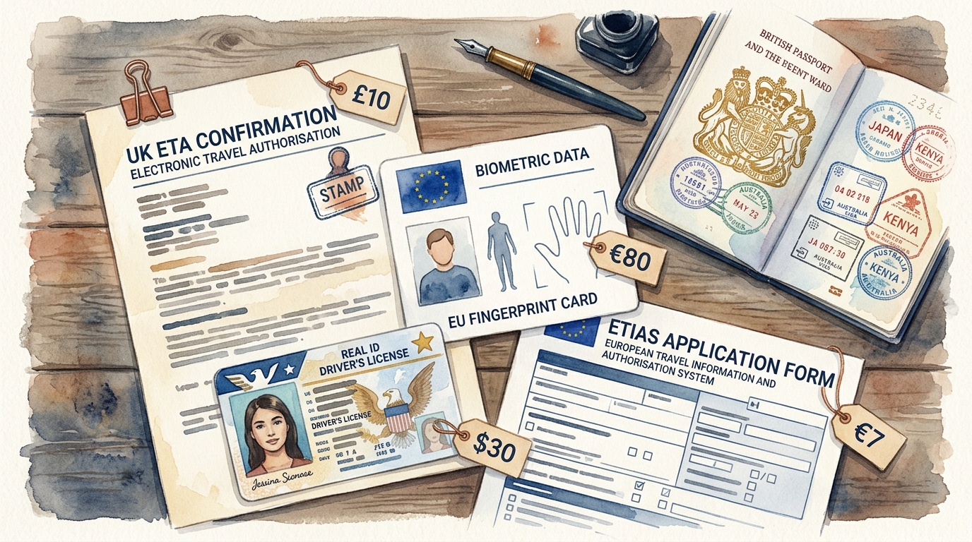 Aquarellillustration einer Draufsicht auf einen verwitterten Holzschreibtisch mit überlappenden Reisegenehmigungsdokumenten