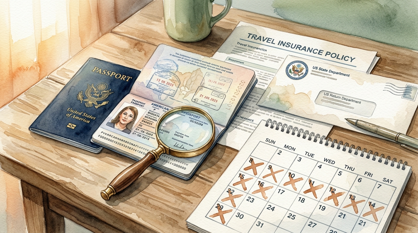 Aquarellillustration eines geöffneten Reisepasses auf einem Küchentisch neben einem Wandkalender, auf dem acht Wochen absteigend markiert sind