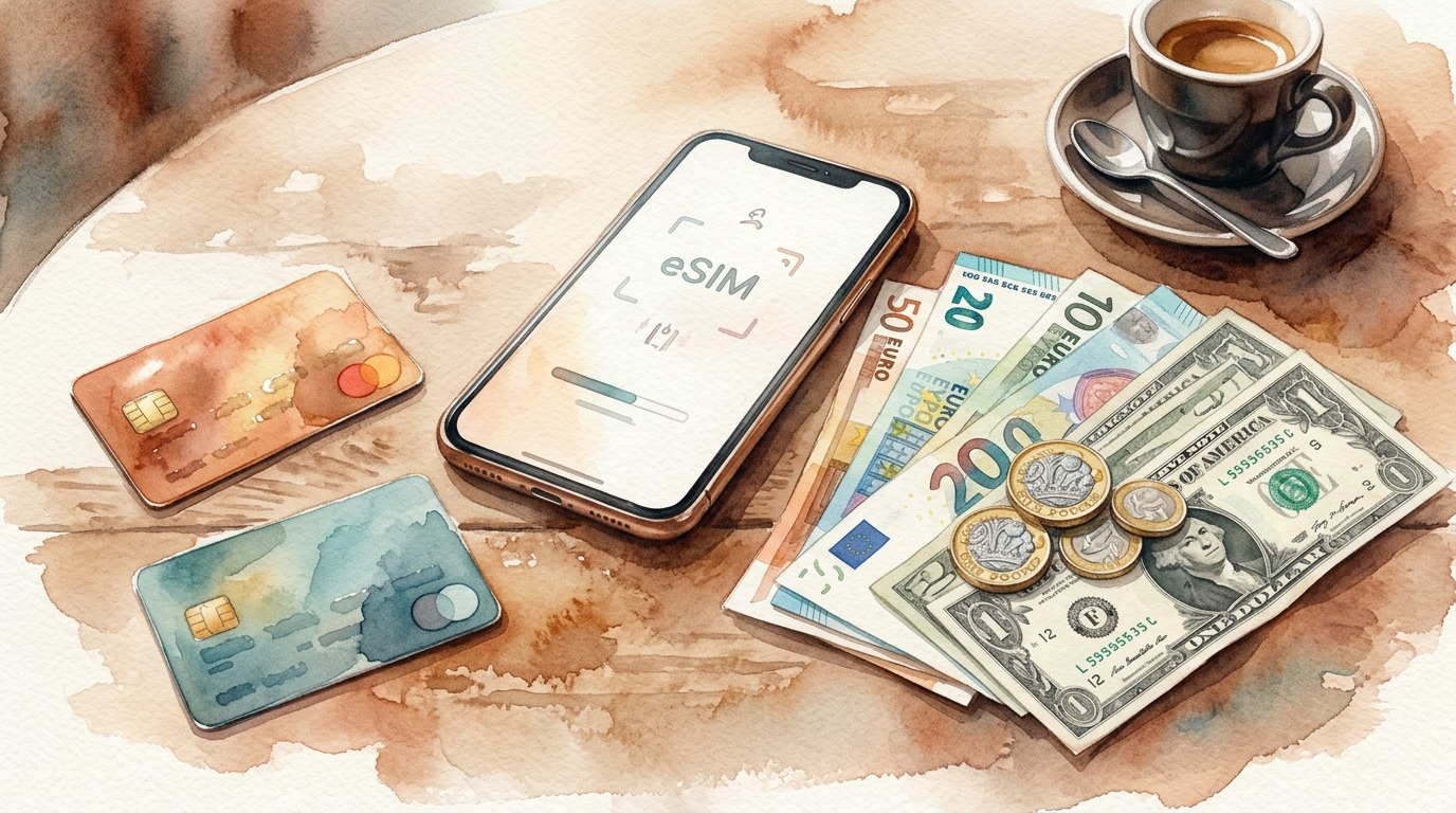 Aquarellillustration eines Smartphones auf einem Cafétisch mit geöffnetem eSIM-Aktivierungsbildschirm, daneben verschiedene internationale Währungen