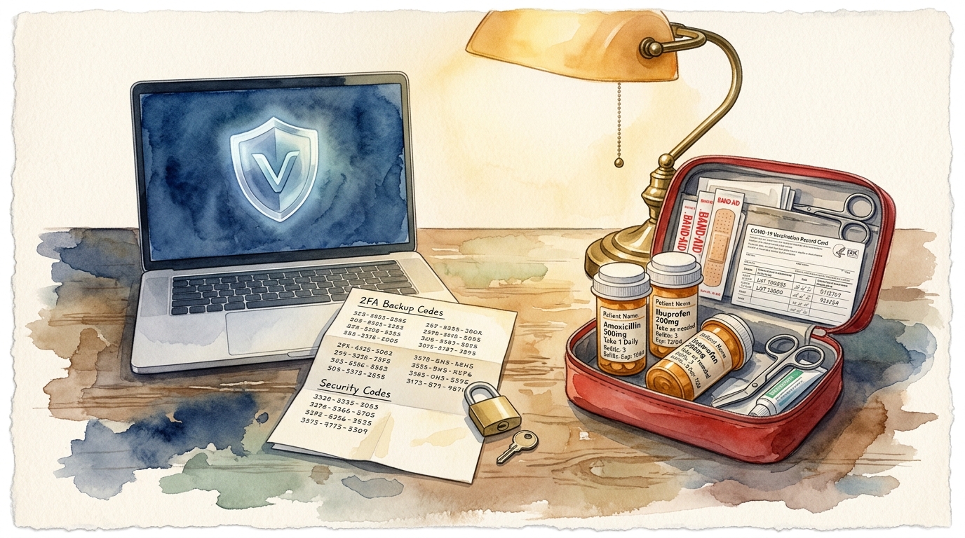 Aquarellillustration eines Schreibtischs mit Laptop, auf dessen Bildschirm ein VPN-Schild-Symbol leuchtet, daneben ein ausgedrucktes Blatt mit 2FA-Backup-Codes