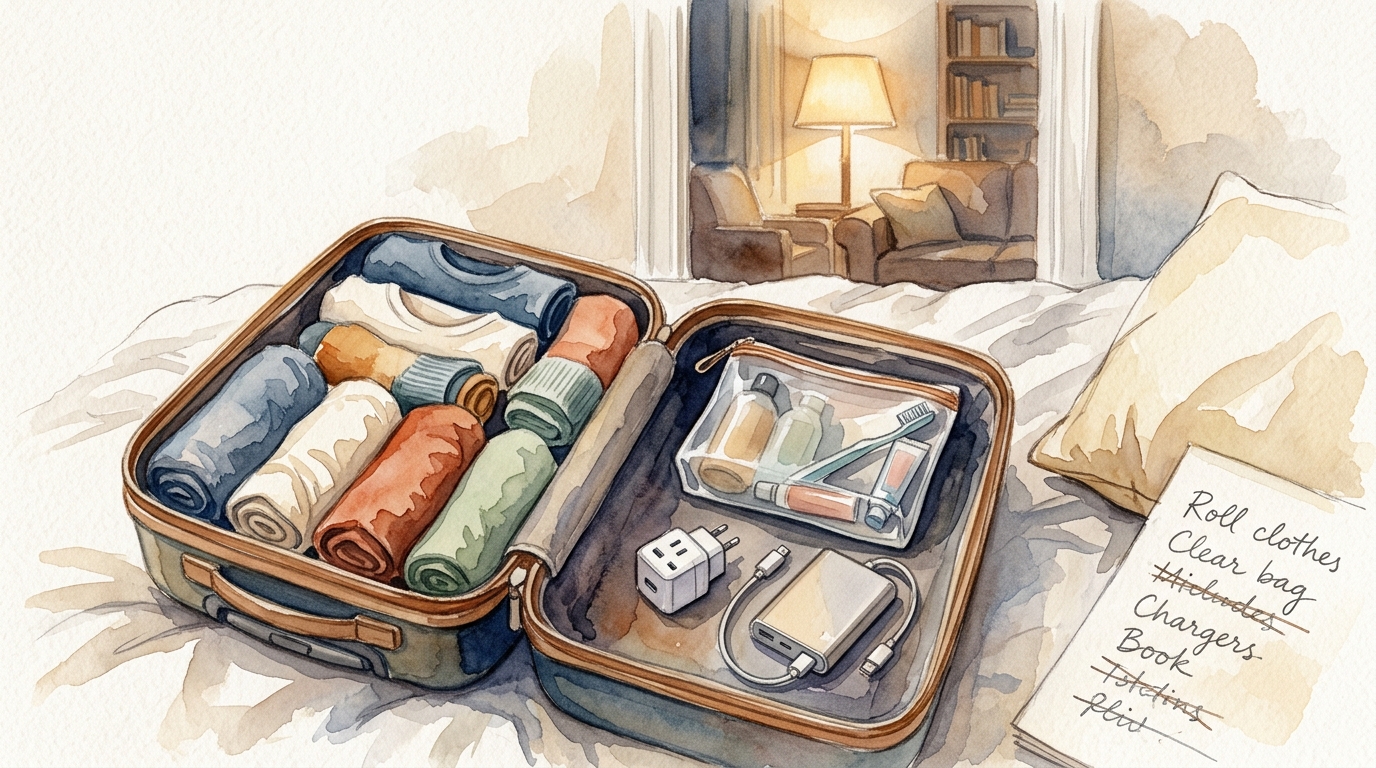Aquarellillustration eines halb gepackten Handgepäckkoffers auf einem Bett, mit ordentlich gerollter Kleidung auf einer Seite und einem Kulturbeutel und einer Powerbank