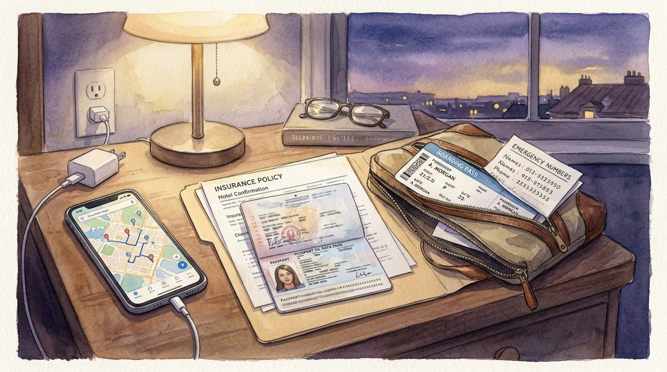 Aquarellillustration einer Nachttischszene am Abend vor der Abreise: ein Smartphone zeigt heruntergeladene Offline-Karten neben einer Dokumentenmappe