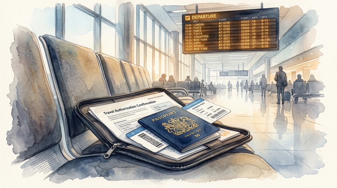 Aquarellillustration einer geöffneten Dokumententasche auf einem Sitz im Abflugbereich mit Reisepass, Bordkarte und Reisegenehmigung