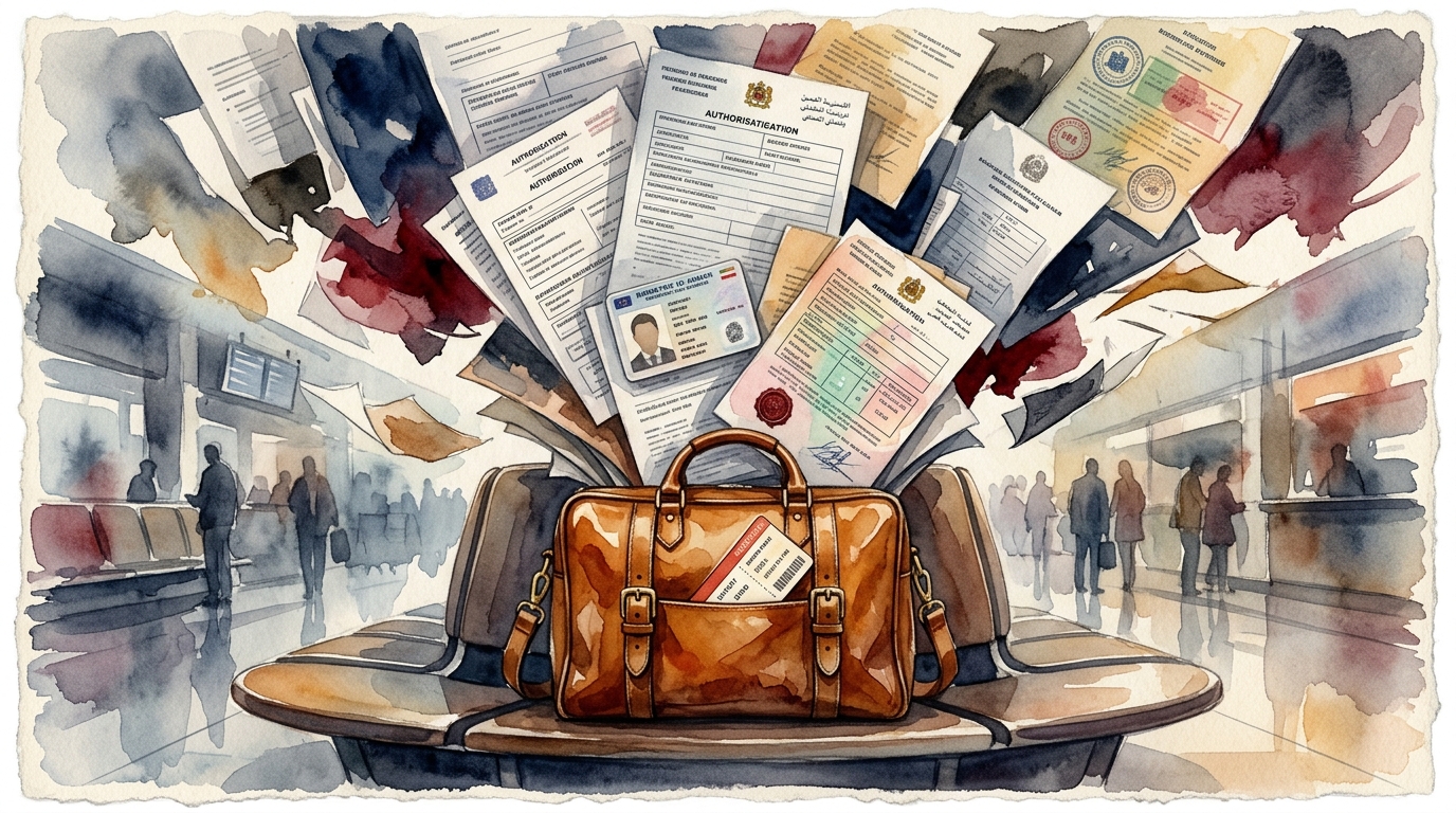 Watercolor illustration of a neatly packed vintage leather carry-on bag sitting on a departure hall bench, looking perfectly organized, but an enor, representing things to do before traveling 2026
