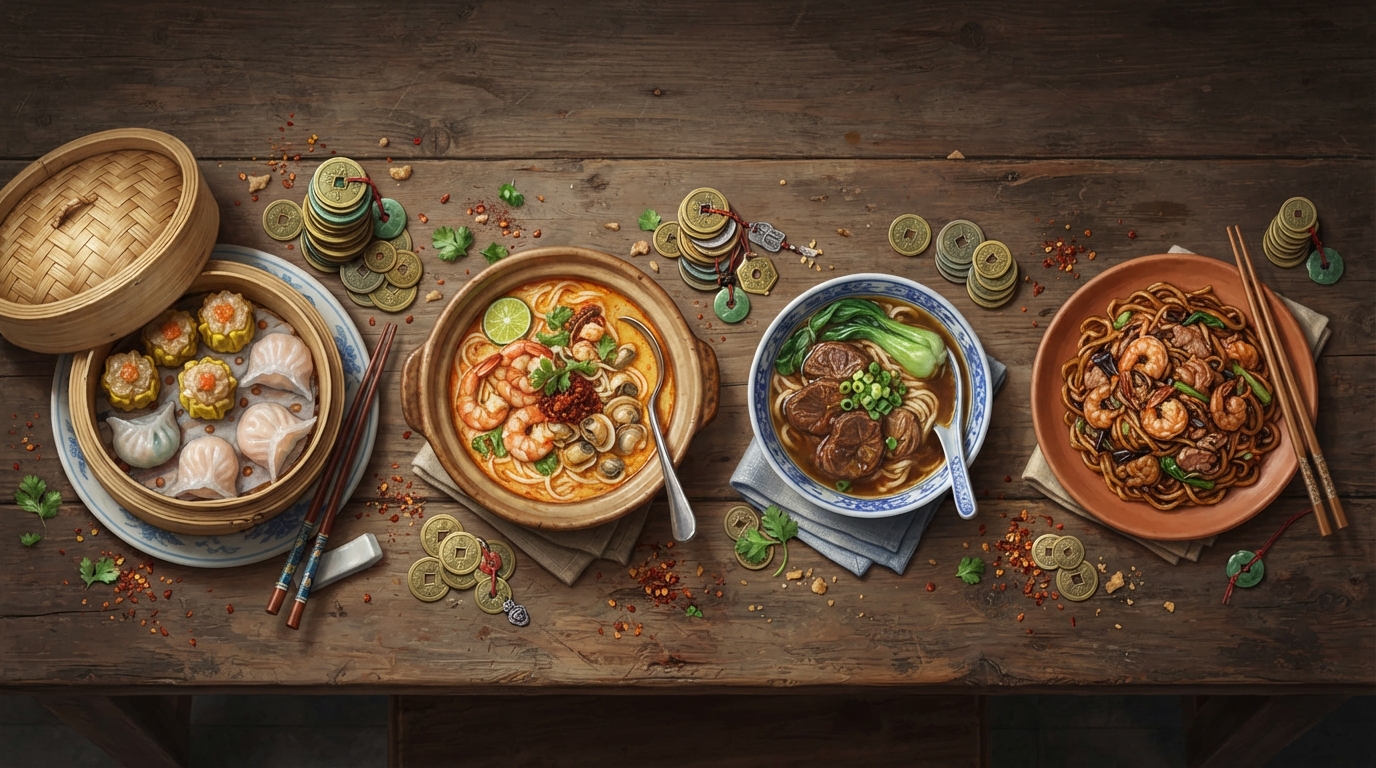 Editorial illustration of Overhead flat-lay of four small bowls of street food, each representing one of the four cities and sized to echo its cos