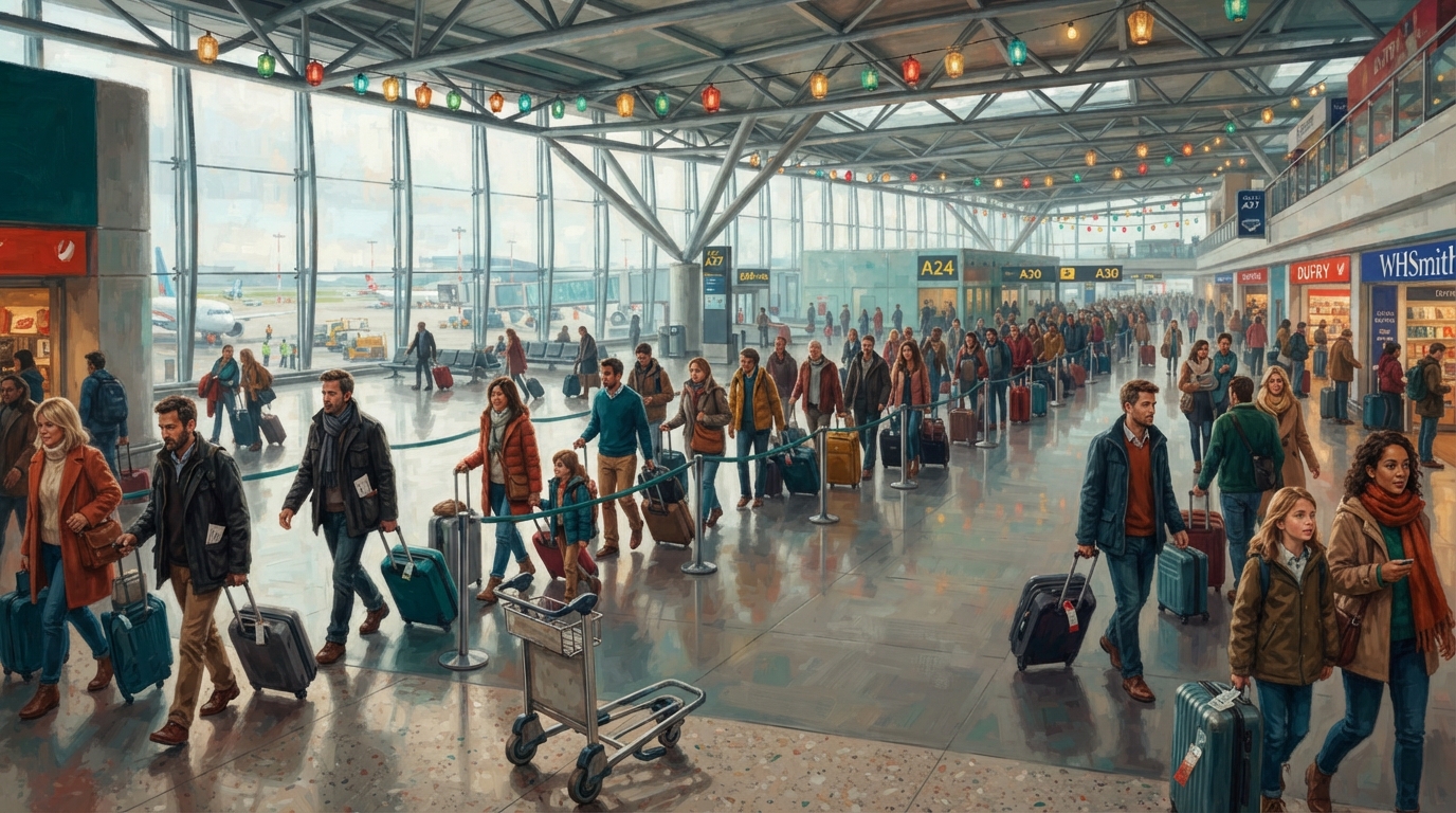 Editorial illustration of A wide concept-art view of a bustling airport departure hall floor, a long snaking queue of families pulling wheeled sui