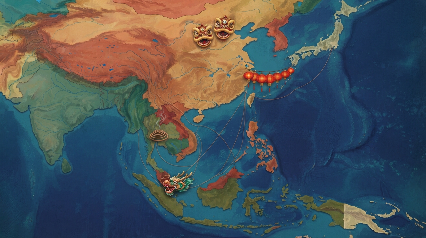 Editorial illustration of An illustrated regional map of Southeast and East Asia with four painted city regions rendered in distinct jewel tones, 