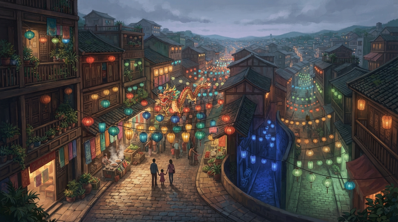 Editorial illustration of An elevated concept-art view of a lantern-strung market street curving into the distance, small distant silhouetted figu