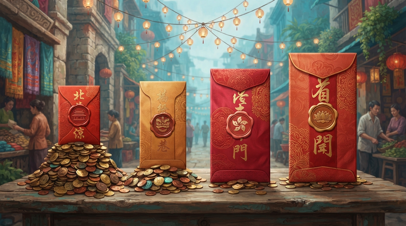 Editorial illustration of Four ornate red lucky-money envelopes of different sizes standing in a row, each atop its own separate mound of gold coi, representing best places for Lunar New Year 2027