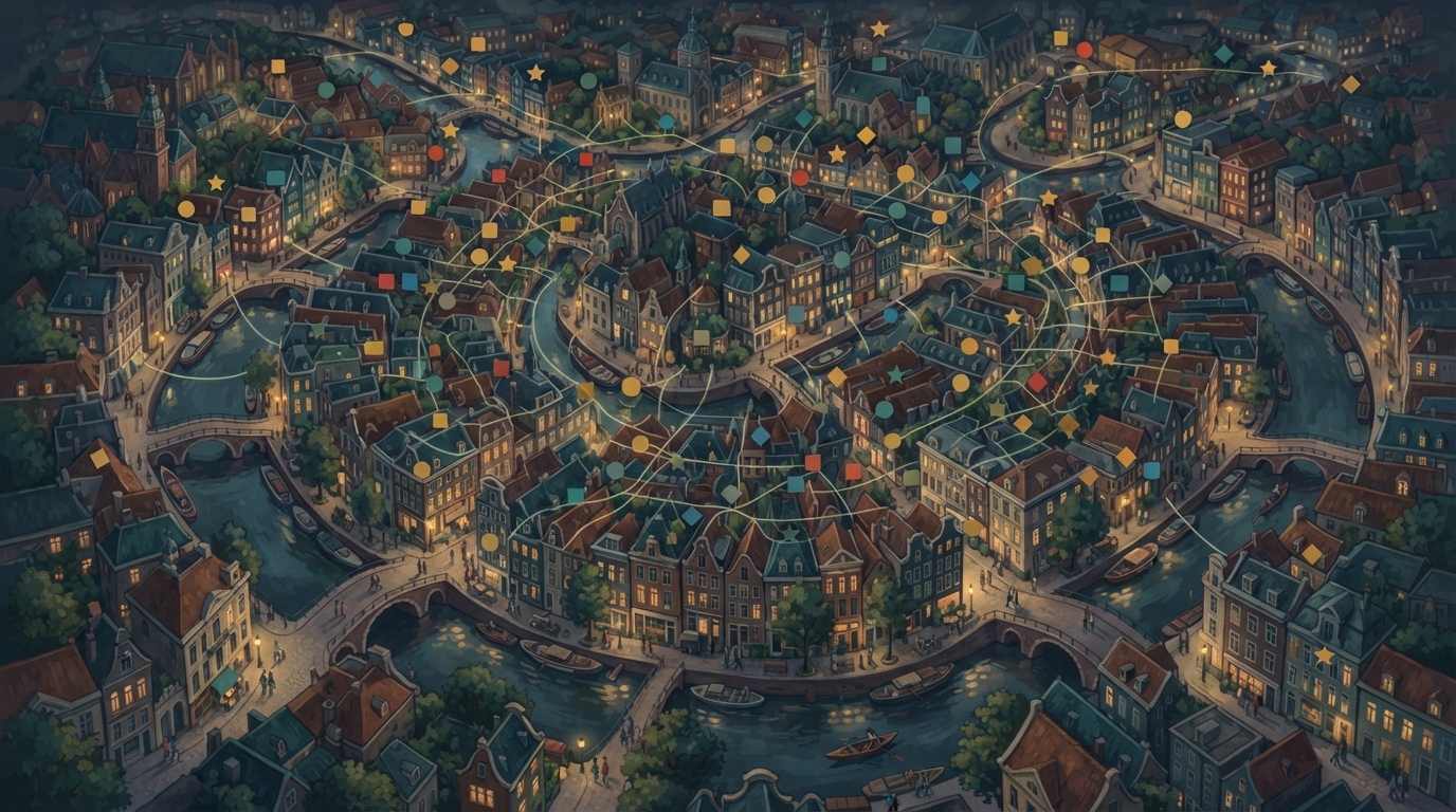 Illustrazione editoriale di una mappa notturna illustrata di un centro città denso circondato da canali, dozzine di piccoli segnaposti luminosi per i locali sparsi in modo irregolare
