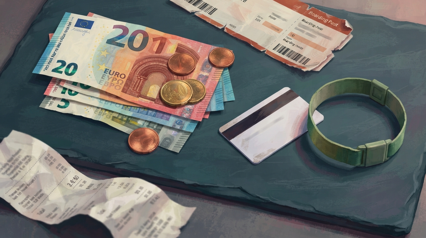 Illustrazione editoriale di una vista dall'alto di una pila di banconote in euro e monete sparse, un talloncino di carta d'imbarco strappato, una piccola tessera chiave dell'hotel e un