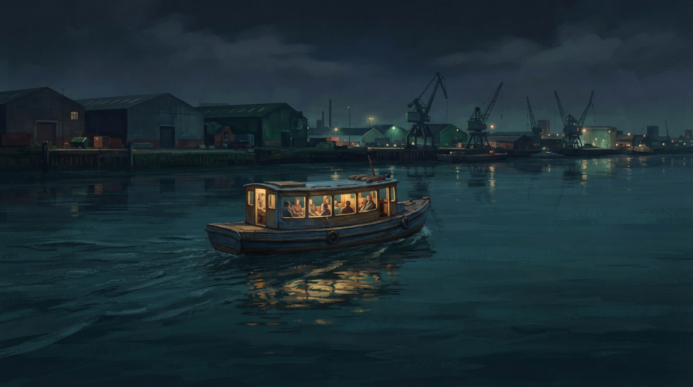 Illustrazione editoriale di un piccolo traghetto passeggeri che attraversa un ampio fiume scuro di notte, la sua unica cabina illuminata che brilla calda contro l'acqua