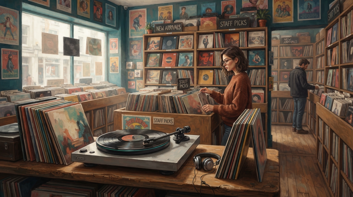 Illustrazione editoriale dell'interno di un piccolo negozio di dischi a mezzogiorno, scaffali densi di custodie per LP in vinile in tenui colori gioiello che rivestono le pareti