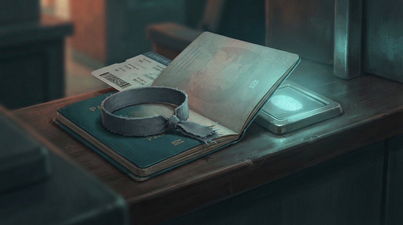 Illustrazione editoriale di una vista ravvicinata di un passaporto aperto appoggiato su un bancone accanto a un piccolo scanner biometrico illuminato, una debole impronta digitale