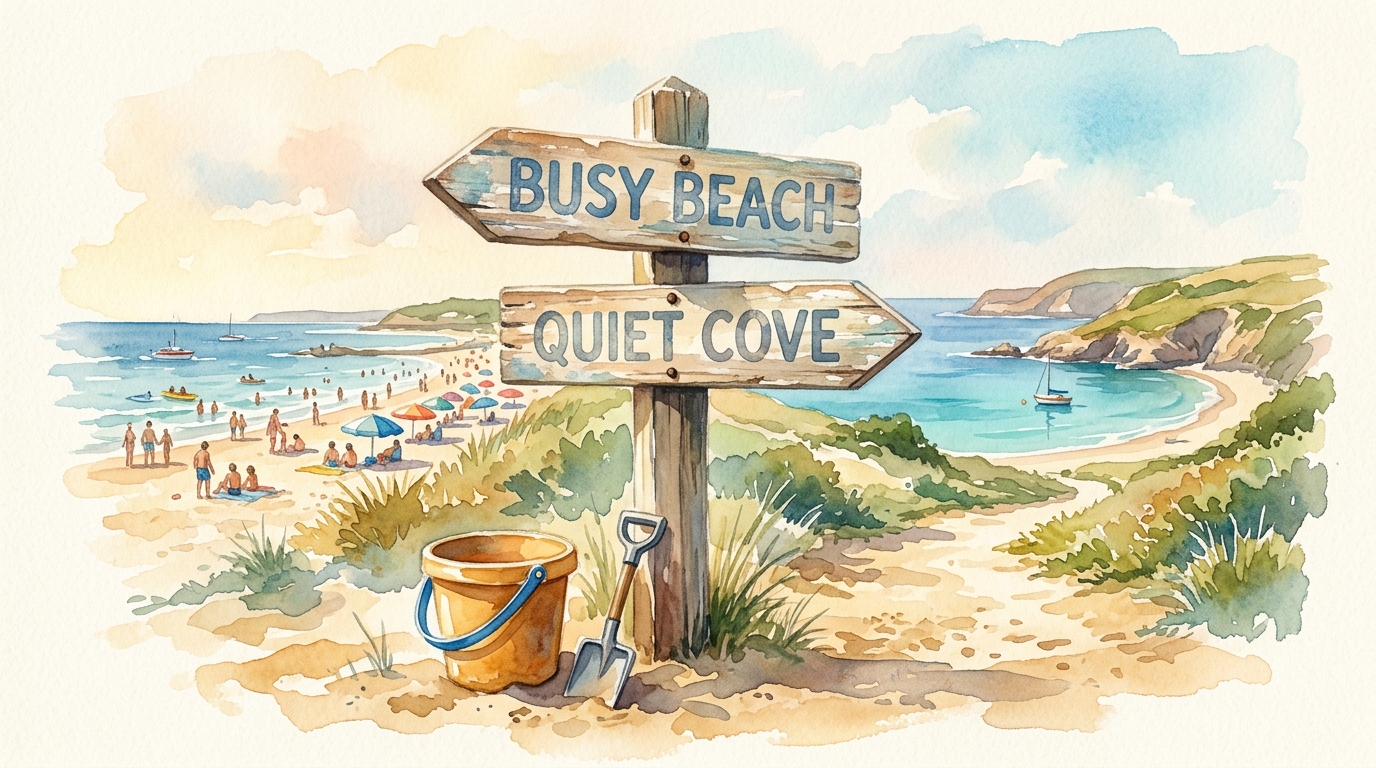 Aquarellillustration eines verwitterten Holzwegweisers an einer sandigen Küstenkreuzung, mit einem Pfeil in eine helle, überfüllte Richtung